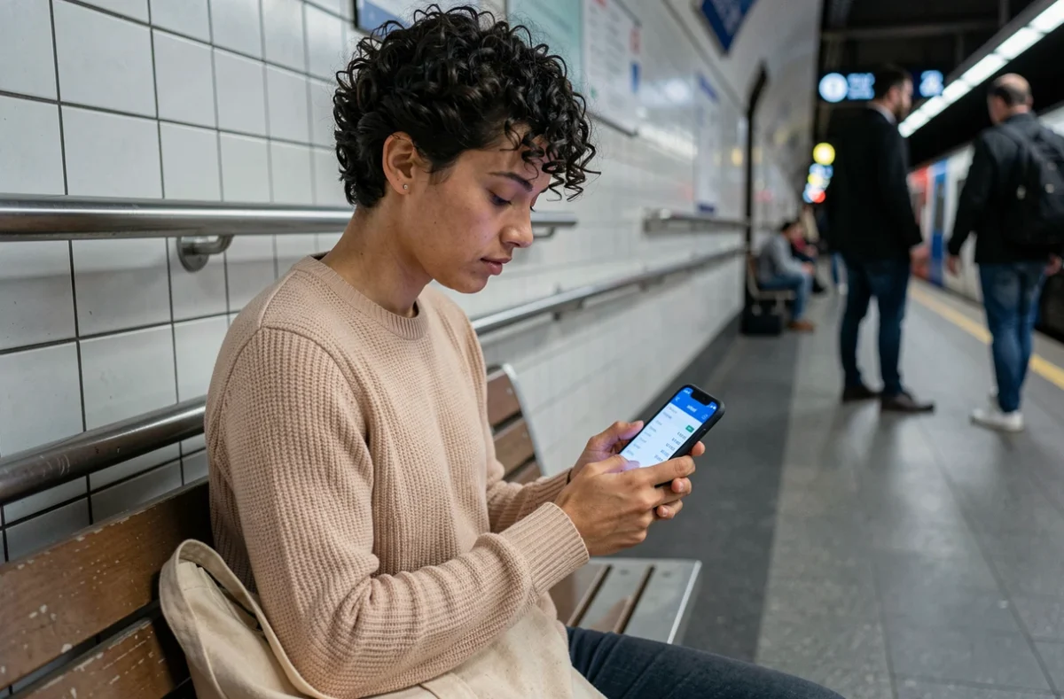 Personne accédant à l'application de paie sur smartphone dans les transports en commun