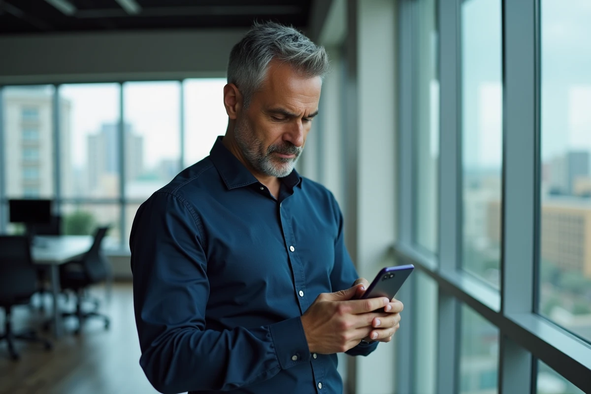 Homme consultant son espace MyPeopleDoc sur mobile dans un bureau moderne, bonnes pratiques de connexion sécurisée