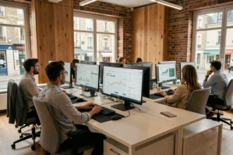 Vue d'ensemble d'une agence SEO moderne en Charente avec des professionnels travaillant sur des tableaux de bord analytiques