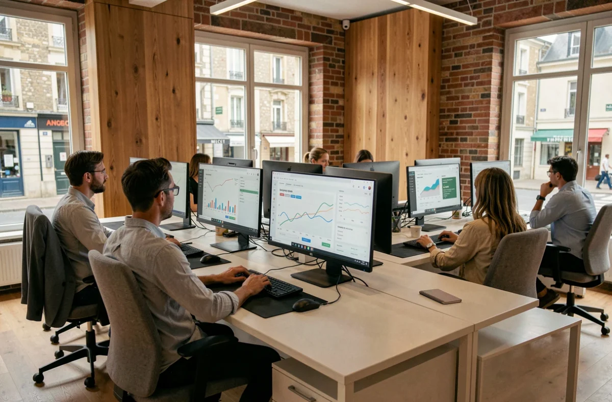 Vue d'ensemble d'une agence SEO moderne en Charente avec des professionnels travaillant sur des tableaux de bord analytiques