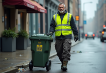 Métiers à éviter : quels sont ceux que personne ne veut faire ? Agent de propreté urbain poussant une poubelle humide