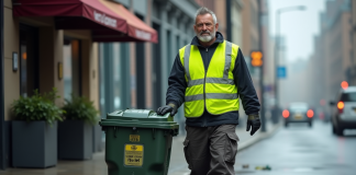 Métiers à éviter : quels sont ceux que personne ne veut faire ? Agent de propreté urbain poussant une poubelle humide