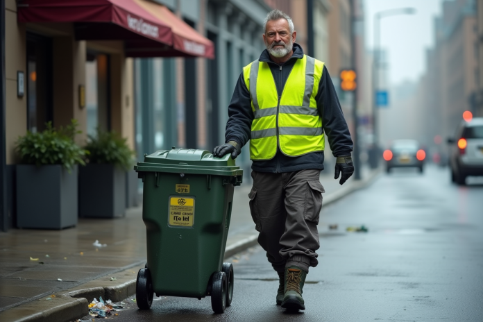 agent-ecologique-ville Agent de propreté urbain poussant une poubelle humide