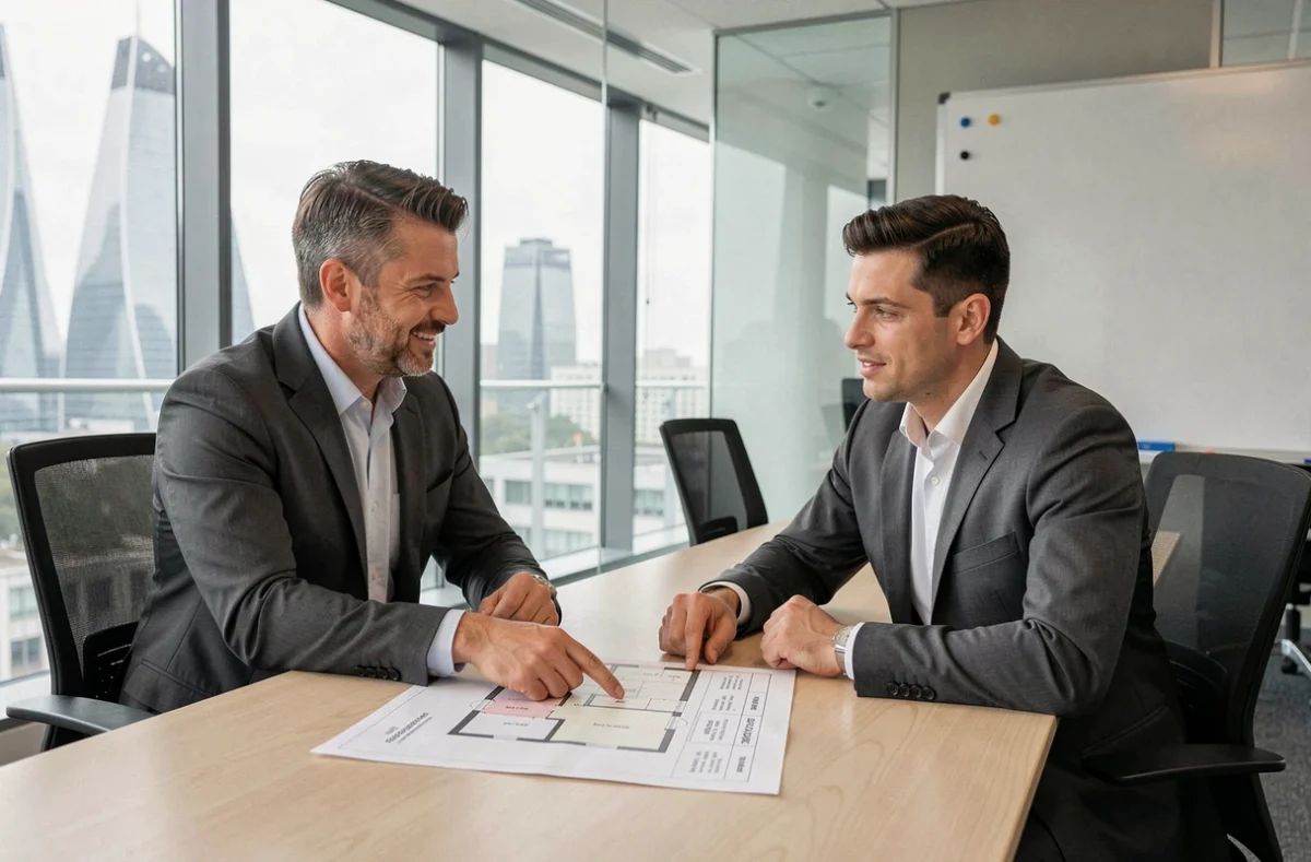 Agent immobilier présentant les prix au m2 de location de bureaux à Paris à un client
