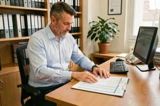 Agent de maîtrise territorial consultant une grille indiciaire imprimée dans un bureau municipal