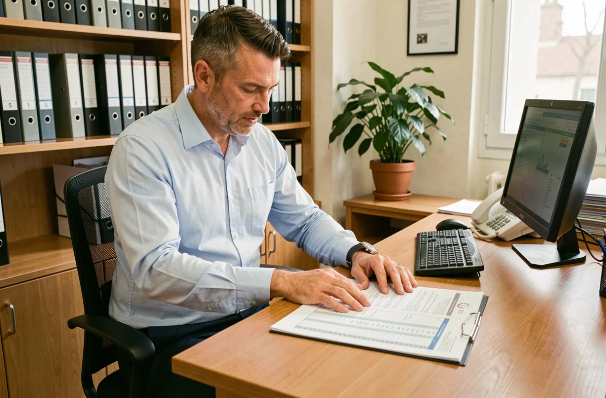 Agent de maîtrise territorial consultant une grille indiciaire imprimée dans un bureau municipal