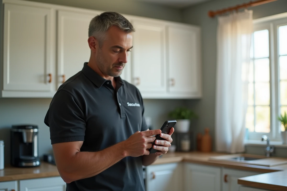 Agent de sécurité Securitas consultant son bulletin de salaire sur smartphone depuis sa cuisine