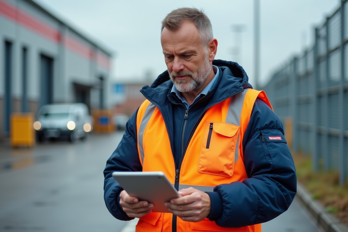 Agent de sécurité vérifiant un plan sur une tablette en extérieur