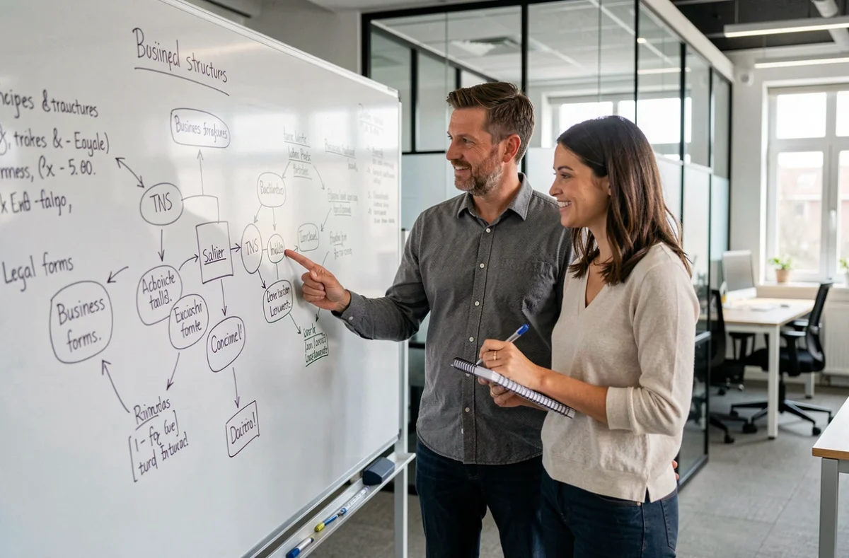 Deux professionnels en train d'analyser les différents statuts pour travailleurs indépendants sur un tableau blanc dans un espace de coworking