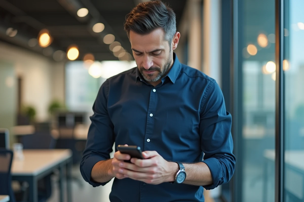 Homme consultant l'application mobile Urssaf sur son smartphone dans un espace de travail moderne