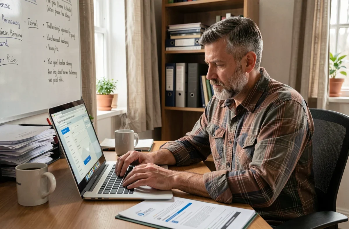 Artisan auto-entrepreneur en train de remplir un formulaire d'inscription en ligne depuis son bureau à domicile