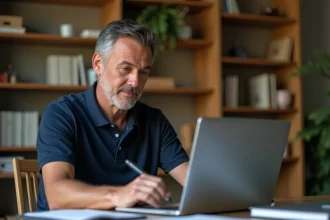 Artisan s'inscrivant en ligne sur un ordinateur portable dans un bureau à domicile pour démarrer son activité professionnelle