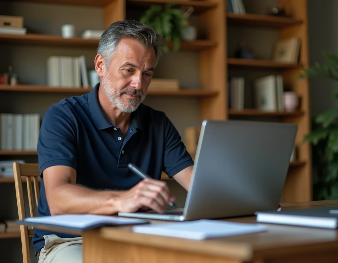 Artisan s'inscrivant en ligne sur un ordinateur portable dans un bureau à domicile pour démarrer son activité professionnelle