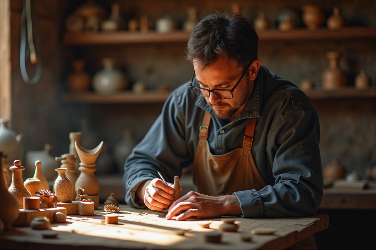 Artisan façonnant un objet avec outils naturels dans l