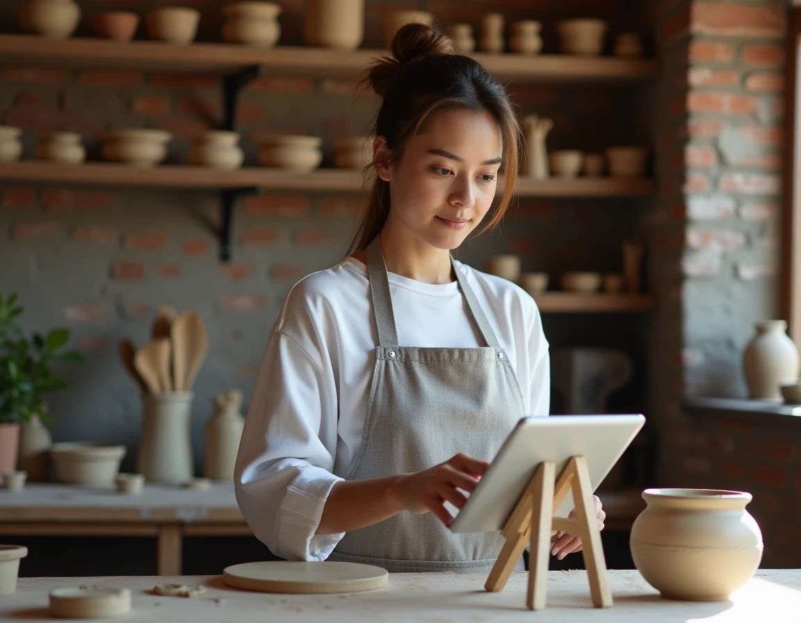 Artisane céramiste consultant un guide d'inscription en ligne sur une tablette dans son atelier de poterie