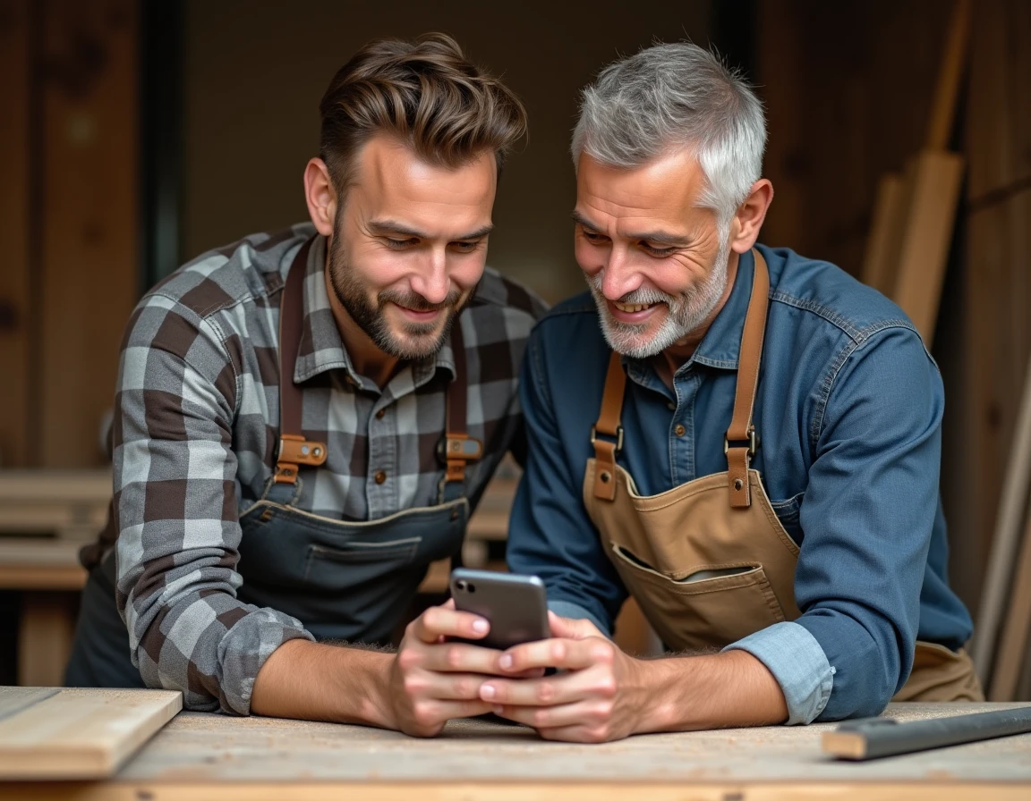 Deux artisans charpentiers découvrant ensemble la procédure d'inscription professionnelle sur un smartphone dans leur atelier
