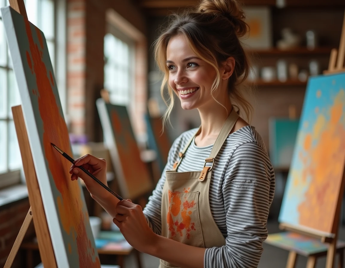 Femme artiste peintre souriante dans son atelier, illustrant l'épanouissement professionnel par la passion artistique