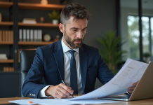 Auditeur financier homme en costume dans un bureau moderne