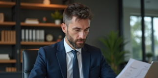 Auditeur financier homme en costume dans un bureau moderne