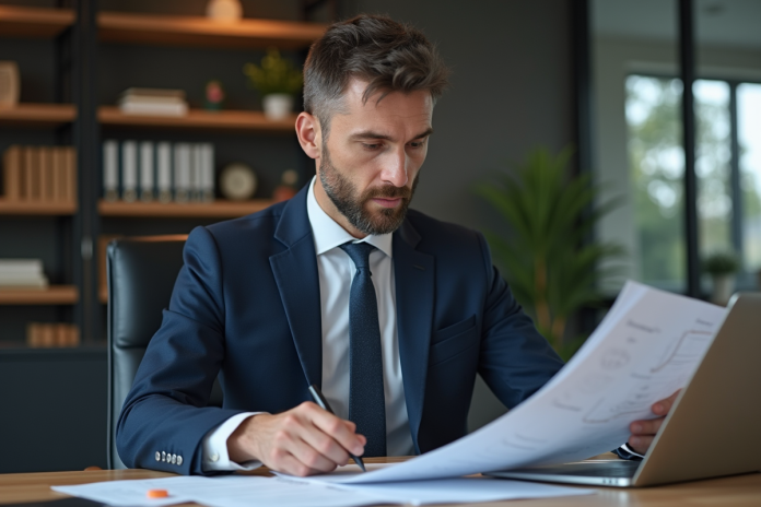auditeur-financier-salle-bureau Auditeur financier homme en costume dans un bureau moderne