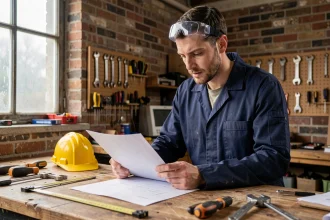 Auto-entrepreneur du bâtiment consultant des documents de chantier dans son atelier avec outils et équipements professionnels