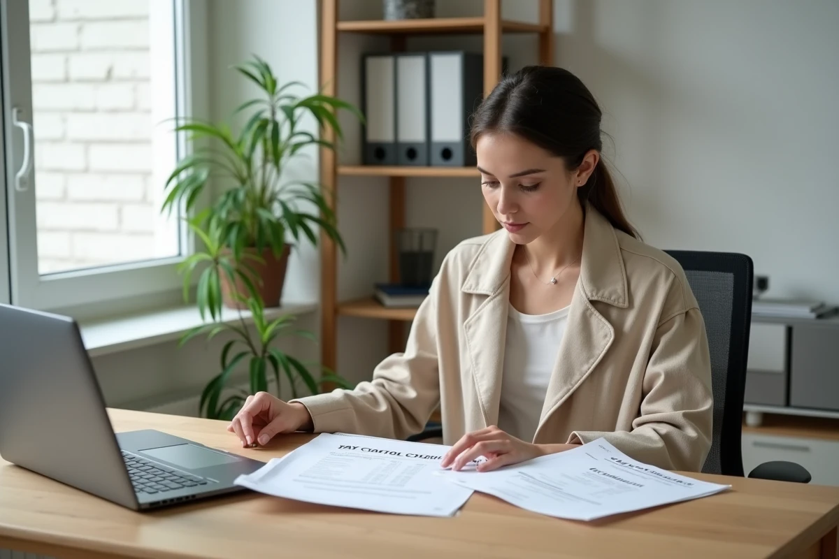 Auto-entrepreneuse livreur Amazon gérant sa TVA et ses contrats administratifs dans un bureau à domicile