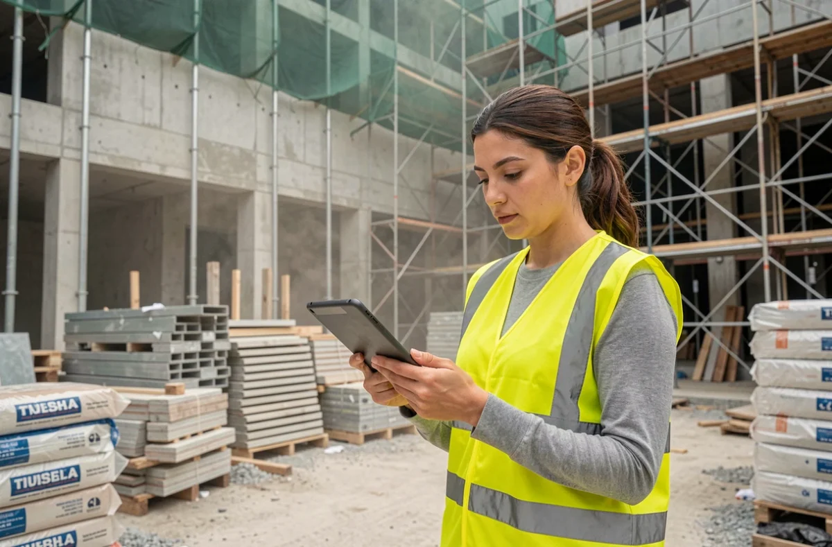 Auto-entrepreneuse sur chantier urbain consultant une plateforme de gestion de projets sur tablette numérique