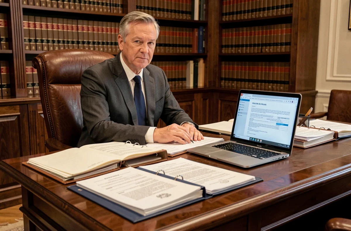 Un avocat spécialisé en droit du travail analyse les documents légaux relatifs à un licenciement en portage salarial dans son cabinet