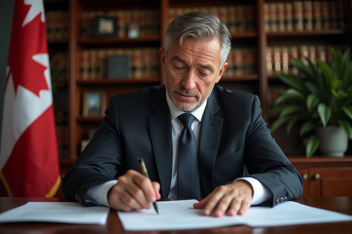 Avocat québecois en costume examine des documents juridiques