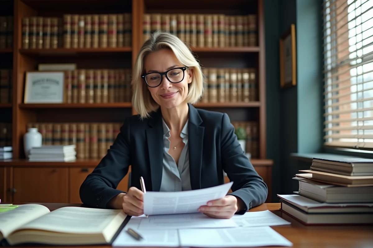 Avocate spécialisée en droit du travail analysant un dossier de licenciement pour faute grave dans son cabinet juridique