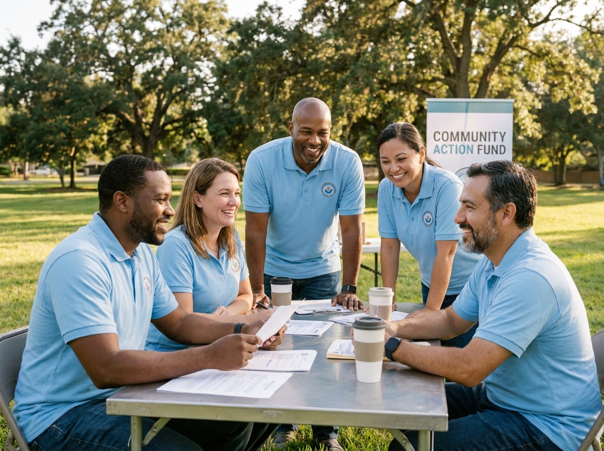 Groupe de bénévoles d'une association réunis autour d'une table dans un parc pour organiser une activité communautaire