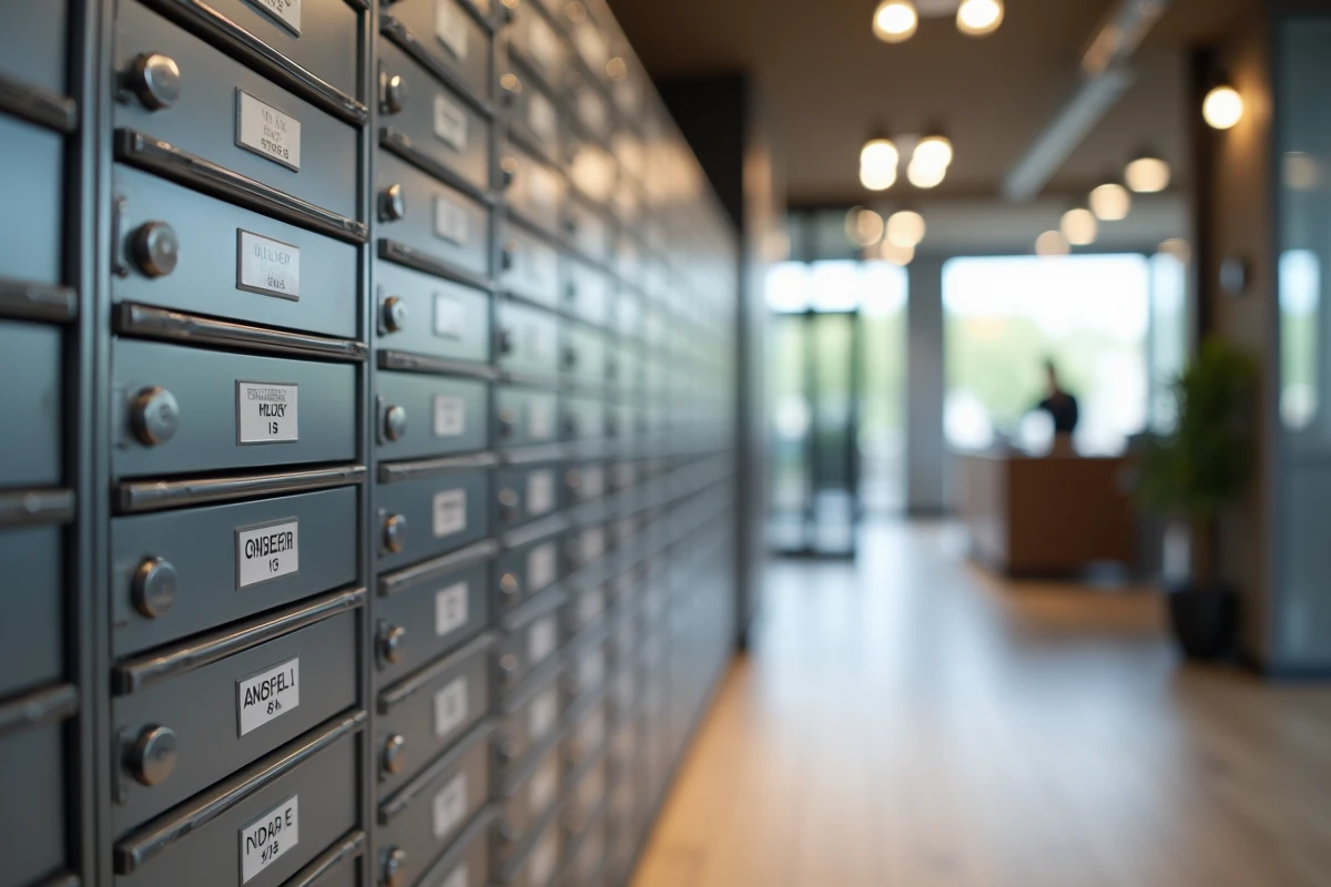 Rangée de boites postales privées numérotées dans le hall d'un espace de coworking moderne