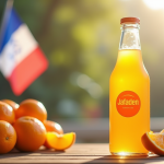 Bouteille de jus d'orange avec étiquette moderne Jafaden sur une table en bois