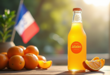 Bouteille de jus d'orange avec étiquette moderne Jafaden sur une table en bois