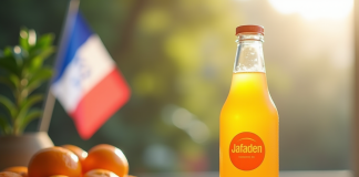 Bouteille de jus d'orange avec étiquette moderne Jafaden sur une table en bois