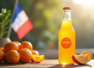 Bouteille de jus d'orange avec étiquette moderne Jafaden sur une table en bois