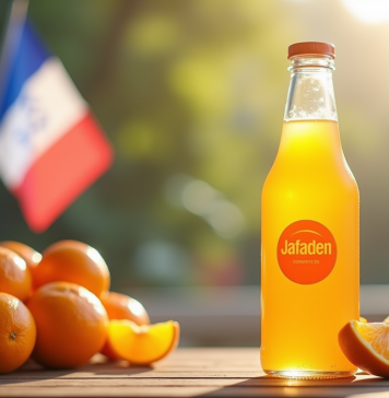 Bouteille de jus d'orange avec étiquette moderne Jafaden sur une table en bois