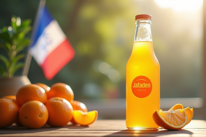bouteille-orange-jafaden Bouteille de jus d'orange avec étiquette moderne Jafaden sur une table en bois