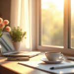 Bureau lumineux avec ordinateur et fleurs pour l article