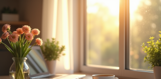 Bureau lumineux avec ordinateur et fleurs pour l article