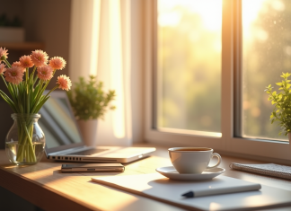 Bureau lumineux avec ordinateur et fleurs pour l article