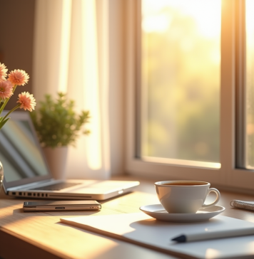 Bureau lumineux avec ordinateur et fleurs pour l article