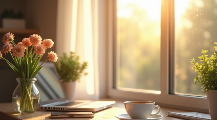 Bureau lumineux avec ordinateur et fleurs pour l article