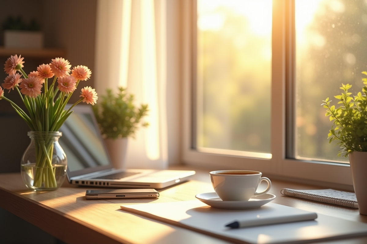 Bureau lumineux avec ordinateur et fleurs pour l article