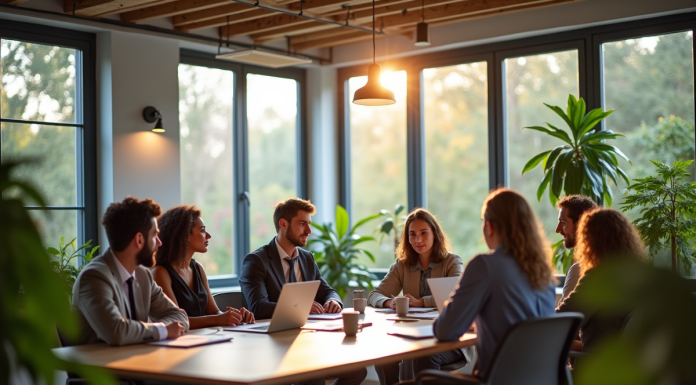 Groupe de professionnels en réunion dans un bureau moderne