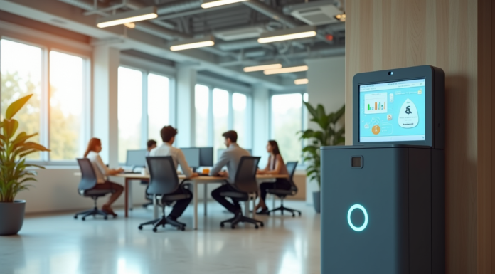 Moderniser son entreprise avec les solutions IT écologiques : focus sur les poubelles connectées Espace de bureau moderne avec poubelle intelligente écologique