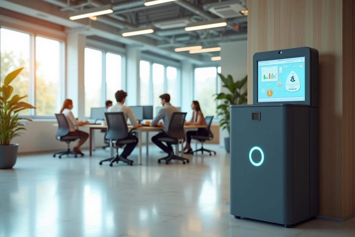 Espace de bureau moderne avec poubelle intelligente écologique