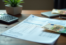 Bureau bien éclairé avec fiches de paie et billets euros