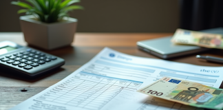 Bureau bien éclairé avec fiches de paie et billets euros