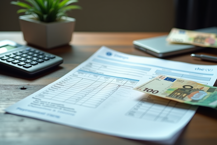 bureau-paiements-salaires Bureau bien éclairé avec fiches de paie et billets euros